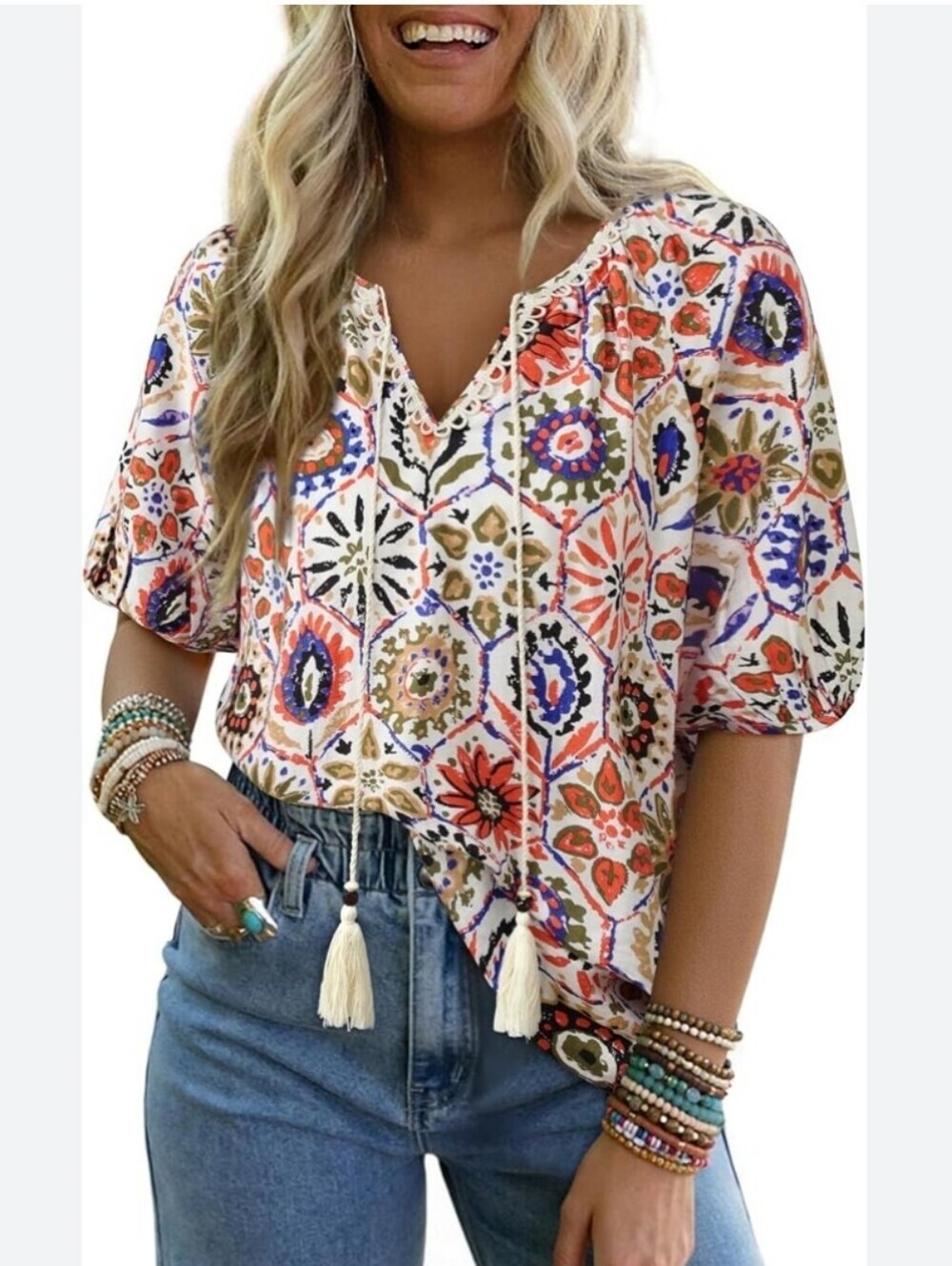 NWT Vivilli Peasant Blouse Multi Boho Embroidered Tassel Tie Rayon Nylon XXL